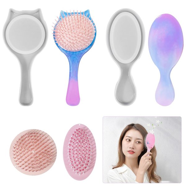 DeryArcle 2Pcs Hair Combs Resin Mold Cat Ear + Oval Shape, Comb Molds with 2 Hair Brushes Silicone Hair Pick UV Epoxy Casting Moulds for DIY (comb molds)