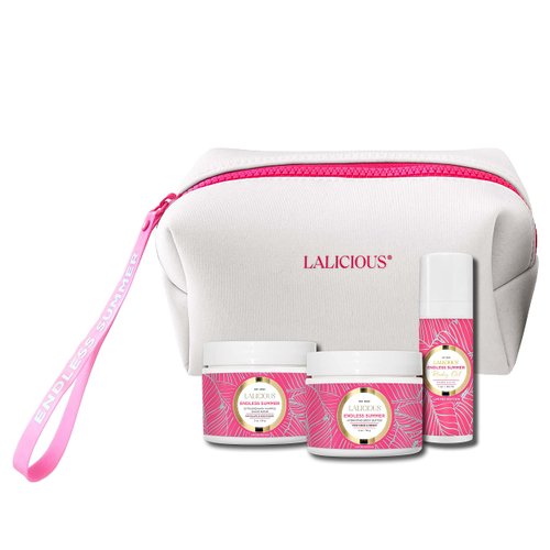 LaLicious Endless Summer Travel Body Care Set - Includes Gentle Body Exfoliator & Sugar Scrub + Hydrating Whipped Body Butter + Moisturizing Body Oil - Glowing Skin Essentials Body Care Kit