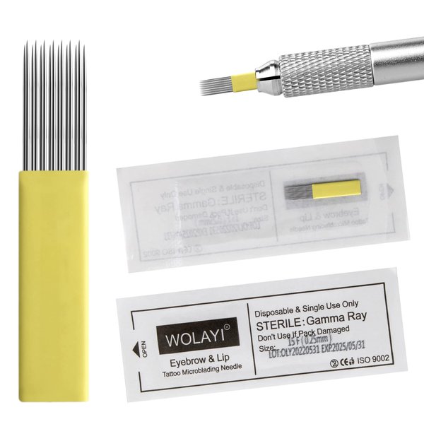 WOLAYI 30pcs 15F Double Line Flat Eyebrow Microblading Needle for Fog Embroidery Blades Needles for Permanent Makeup Manual Supplies (15 Pins,Yellow)