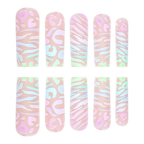 Vokupoga Press on Nails Long Square Fake Nails with Nails Acrylic False Nails with Color Water Ripples Designs Long Coffin Artificial Nail Press ons Reusable Natural Stick on Nails for Women 24Pcs
