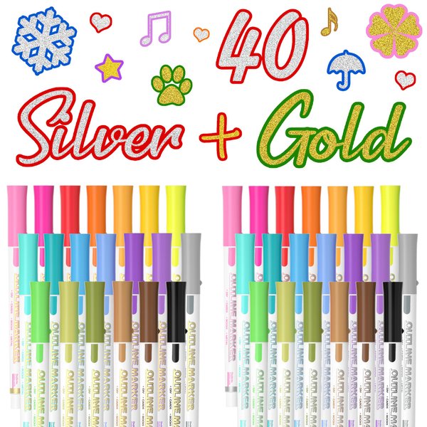 Shuttle Art 40 Pack Double Line Outline Permanent Markers, 20 Silver and 20 Gold Colors Squiggles Shimmer Markers Set, Self Outline Metallic Marker Pens for Drawing, Christmas Card, DIY Crafts