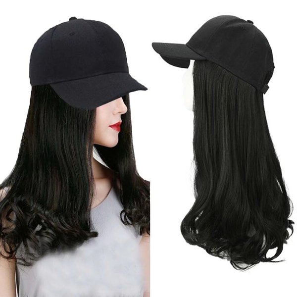 iLUU Black Wig Hair and Black Hat Baseball Cap with Hair Extensions Synthetic Wavy Wig Hat Adjustable Baseball Hat and 14" Heat Resistent Hairpieces for Women Girl Daily Use (Black)
