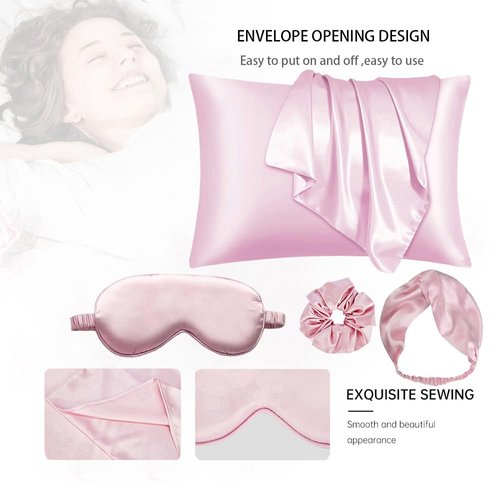 Sukalia Satin Pillowcase with Eye Mask Scrunchies 5-Piece Set Pillowslip Sleep Eyeshade Headband for Women (Pink)