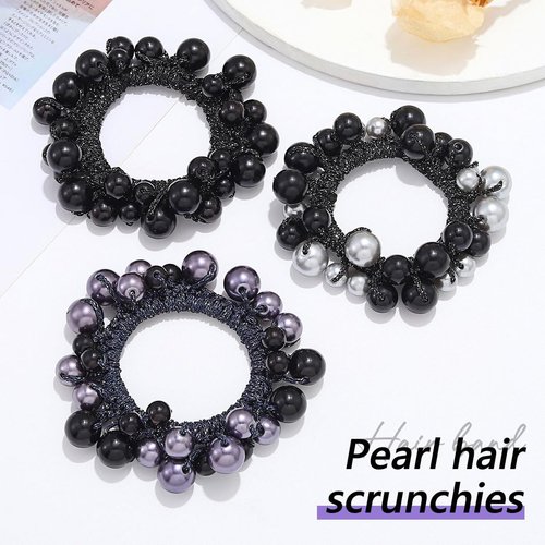 Fashey Pearl Hair Ties Beaded Hair Scrunchies Elastic Ponytail Holder 3 Pcs Pearls Hair Bands Hair Accessories for Women (black,blue)