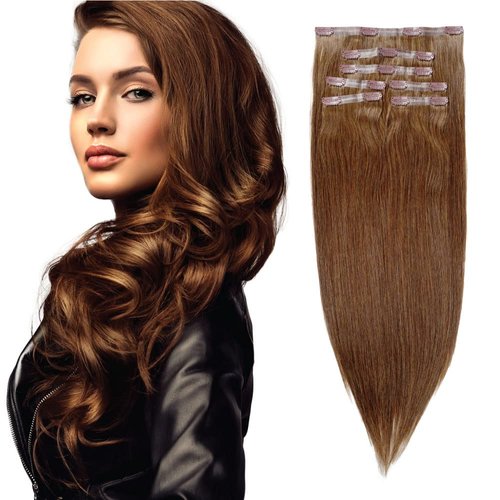 Skinny Weft Clip-In Hair Extensions by Everlong, Thin Silicone Pressed Wefts, Premium Remy Human Silky Straight Hair for Length & Volume, 175 grams #6 Chestnut 22"