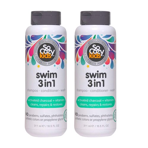 So Cozy Kids Swim 3-in-1 Shampoo, Conditioner & Body Wash - 3-in-1 Combo Pool Shampoo & Conditioner for Swimmers - Salt & Chlorine Removing Activated Charcoal, 10.5 Fl oz (Pack Of 2)