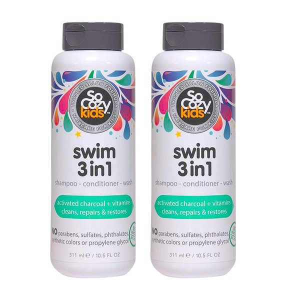 So Cozy Kids Swim 3-in-1 Shampoo, Conditioner & Body Wash - 3-in-1 Combo Pool Shampoo & Conditioner for Swimmers - Salt & Chlorine Removing Activated Charcoal, 10.5 Fl oz (Pack Of 2)