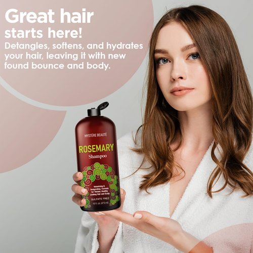 MYSTÉRE BEAUTÉ Rosemary Shampoo - Promotes Hair Growth & Scalp Health - Volumizing Formula for Thicker Healthier Hair & Scalp - Sulfate & Paraben Free, Daily Shampoo for Men Women - 16 fl oz