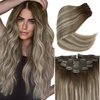 Ve Sunny Balayage Clip in Hair Extensions 22inch Real Hair Clip in Extensions Ombre Human Hair Extensions Clip ins Dark Brown to Light Brown with Blonde Balayage Clip on Hair Extensions 120g 7pcs