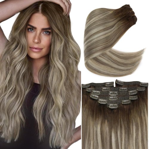 Ve Sunny Balayage Clip in Hair Extensions 22inch Real Hair Clip in Extensions Ombre Human Hair Extensions Clip ins Dark Brown to Light Brown with Blonde Balayage Clip on Hair Extensions 120g 7pcs