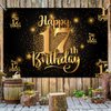 Happy 17th Birthday Backdrop Banner Step and Repeat 17 Years Old Background Decorations for Women Men Her Him Photography Party Supplies Glitter Black Gold