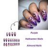 Halloween Press on Nails Medium Almond Fake Nails Purple Magic Bat False Nails with Purple Flame Designs Star Moon Halloween Glue on Nails Acrylic Nails Halloween Stick on Nails for Women 24 Pcs