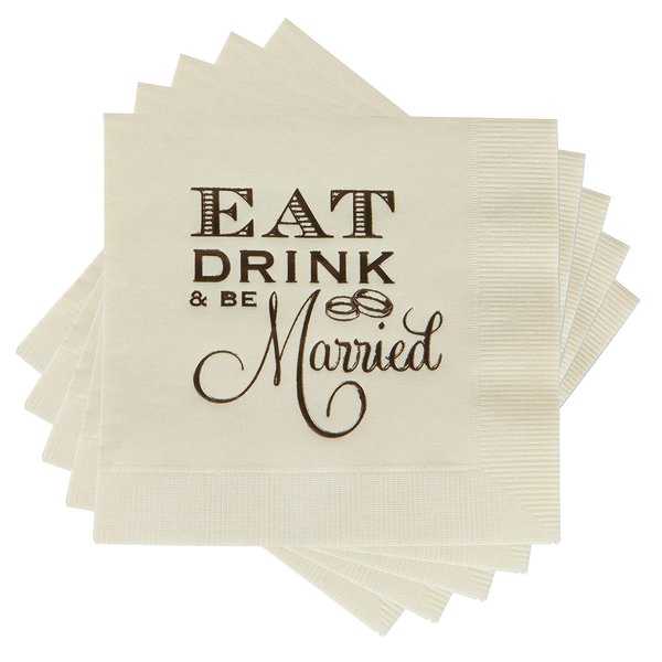 Funky Junque Eat Drink and Be Married Beige Disposable Napkins 25 Pack 3-Ply Just Married Cocktail Napkins for Weddings Parties