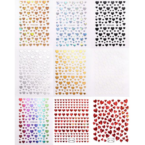 Heart Nail Stickers Valentines Day Nail Art Decal 3D Self-Adhesive Red White Black Sliver Metal Laser Heart Design Nail Stickers for Nail Supplies for Acrylic DIY Manicure Decorations 9 Sheets