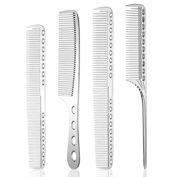 Professional Aluminum Dressing Comb for Hair Styling,4 Types Metal Combs Included Hair Cutting Comb,Metal Rat Tail Comb,Detangling Comb,Handle Comb for Women Men Barber Supplies