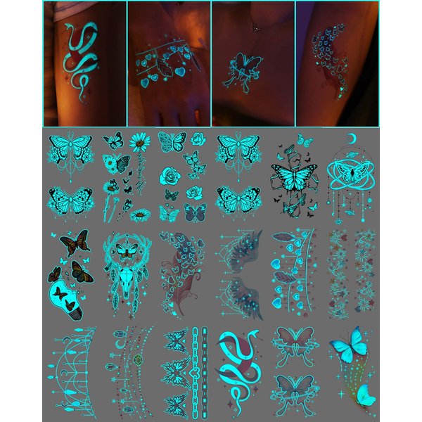 Onogola 20 Sheets Glow In The Dark Butterfly Temporary Tattoos for Women Girls, Luminous Flower Butterflies Wings Kids Fake Tattoo Stickers Art Makeup Waterproof for Face Body Arm Party Favors