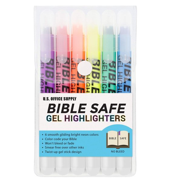 U.S. Office Supply Bible Safe Gel Highlighters, 6 Pack Set - 6 Different Bright Neon Fluorescent Highlight Colors Yellow, Orange, Pink, Purple, Green, Blue - Won't Bleed, Fade or Smear - Study Guide