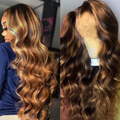 28 Inch 4/27 Highlight Ombre Lace Front Wigs Human Hair Honey Blonde 13x4 Body Wave Lace Frontal Human Hair Wigs For Black Women Pre Plucked with Baby Hair 180% Density Glueless Wigs Human Hair