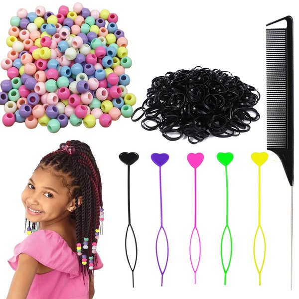 406Pcs Hair Beads Set for Braids for Girls Including 200pcs Hair Beads for Kids Hair Braids,200pcs Elastic Rubber Bands,5pcs Quick Beader for Hair Braids and 1Pc Rat Tail Comb