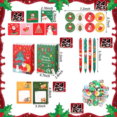 Yeaqee 144 Pcs Christmas Party Favor Bulk Pack Includes Christmas Ballpoint Pens Erasers Sticky Notes Gift Bags Cards and Stickers for Gift Exchange Prizes
