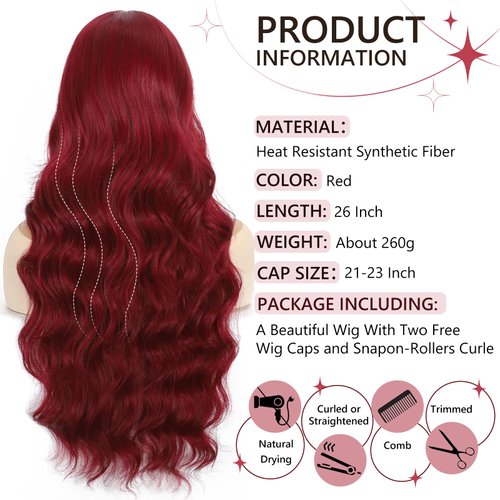 AKTSNYMPH Burgundy Wig with Bangs,Long Curly Wigs for Women,Real Natural Looking Synthetic Fiber Wavy Hair Wig for Daily Holiday Party Cosplay Use 26IN