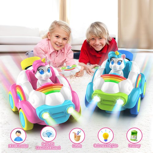 Hangrui 2 Pack Remote Control Cars, Unicorn Toys for Ages 2-6, Toddler 2.4Ghz RC Cars with Colored Lights, Music and Sound, Christmas Birthday Gift for 2 3 4 5 6 Year Olds Girls Boys