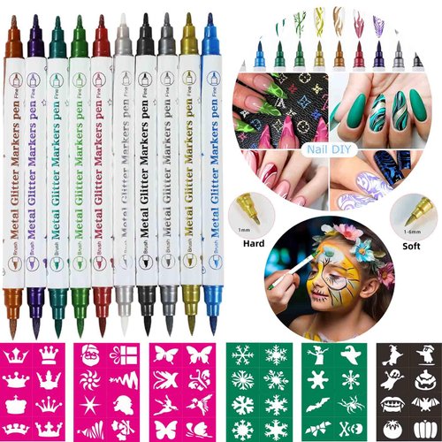 Skin Temporary Tattoo Markers - Nail Art Pens, 10 Body Markers + 48 Tattoo Templates, Ideal for Holiday Adult Temporary Tattoos and Children's Body/Face Coloring.