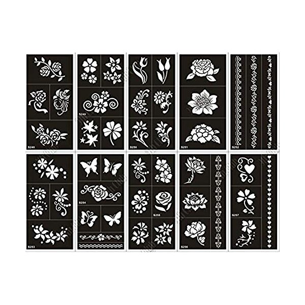 Xmasir Pack of 10 Airbrush Henna Tattoo Stencil for Women Hand Finger Face Body Painting Kids Glitter Tattoo Templates 18 X 8.5cm (1)