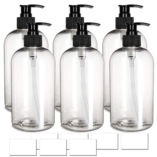 Waterproof Empty Bottles 16oz for Shampoo Conditioner Body Wash Plastic PET with White Pump Dispenser, Clear, Set of 6
