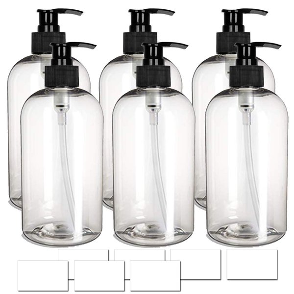 Waterproof Empty Bottles 16oz for Shampoo Conditioner Body Wash Plastic PET with White Pump Dispenser, Clear, Set of 6