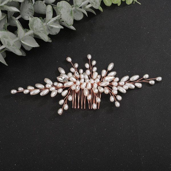 Teyglen Wedding Hair Comb Bridal Pearl Hair Comb with Rhinestone Vintage Pearl Headpieces Handmade Rose Gold Pearl Beads Crystal Hair Pieces Hair Accessories for Women Bride Girls (Rose Gold)