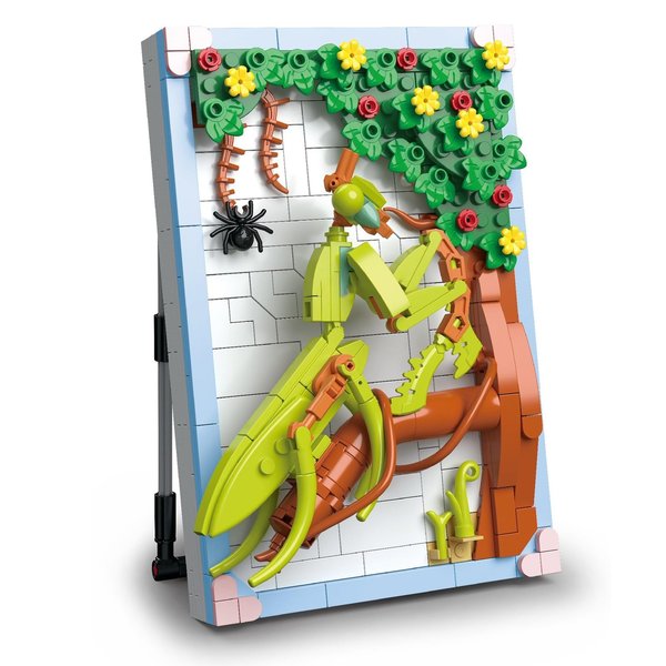Insects Flowers Art Photo Frame Building Block, 3D Painting Wall Art Set, Compatible with Lego 630, with Sunflower Butterfly Mantis Beetle Dragonfly for Nature Decor Ideal Gifts. (387pcs Mantis)