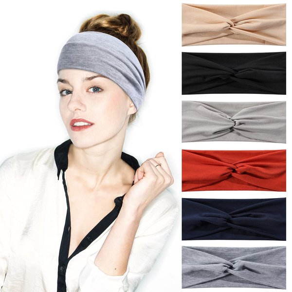 Achiou Twist Knotted Headband for Women, Wide Headband for Women’s Non Slip, Fashion Boho Hair Bands for Girls, Soft Elastic Turban Exercise Yoga Short & Curly Hair, 6 Pack