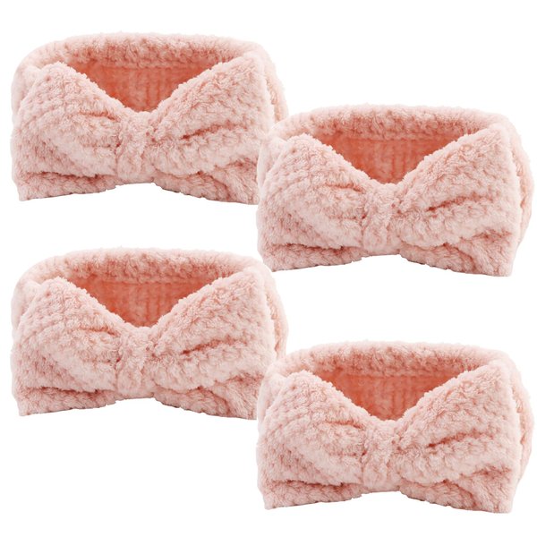 YISSION 4PCS Spa Headband with Bow No Slip Head Band for Face Wash Makeup Skincare Facial Headband Elastic Hair Band Microfiber Headbands for Women Girls (Pink)