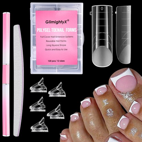 GlimightyX Polygel Nail Forms Kit for Toes,Long Square Polygel Toenails Kit Dual Forms for Nail Extension Reusable, Toe Nail Tips Mold 120Pcs with Dual-Ended Brush,Nail File and Nail Clips，12 Sizes