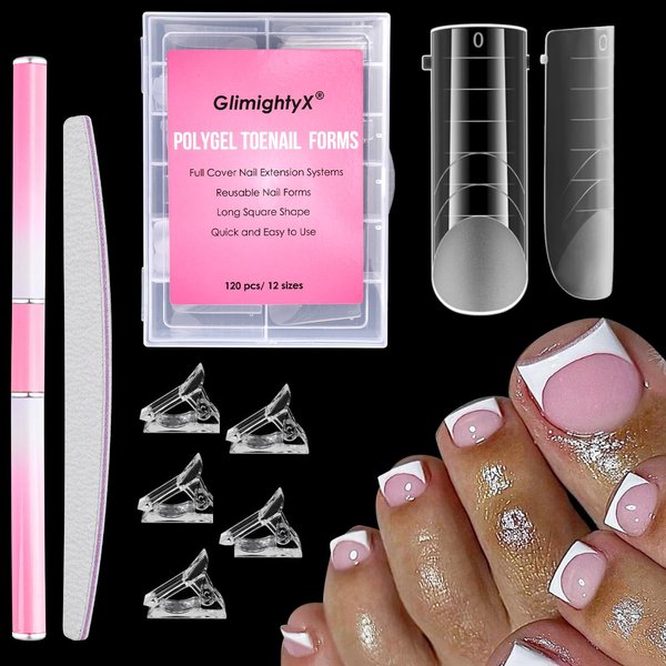 GlimightyX Polygel Nail Forms Kit for Toes,Long Square Polygel Toenails Kit Dual Forms for Nail Extension Reusable, Toe Nail Tips Mold 120Pcs with Dual-Ended Brush,Nail File and Nail Clips，12 Sizes