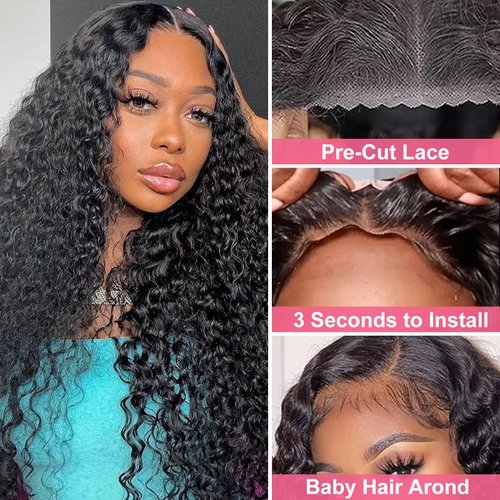 Sedbud Wear and Go Glueless Wig 5x5 Deep Wave Lace Front Wigs Human Hair Pre Plucked Pre Cut 180% Density Glueless Wigs Human Hair for Women Natural Black 28 Inch