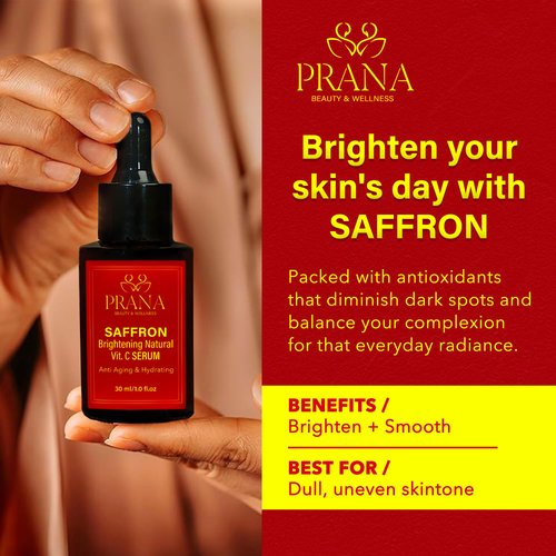 Prana Saffron Brightening Vitamin C Serum 30ml/1 fl oz | 100% Natural Skincare| Ayurvedic ingredients|Pure Saffron and Lotus | For deep hydration, Even Skin Tone, Acne & Dark Spots | Anti-aging