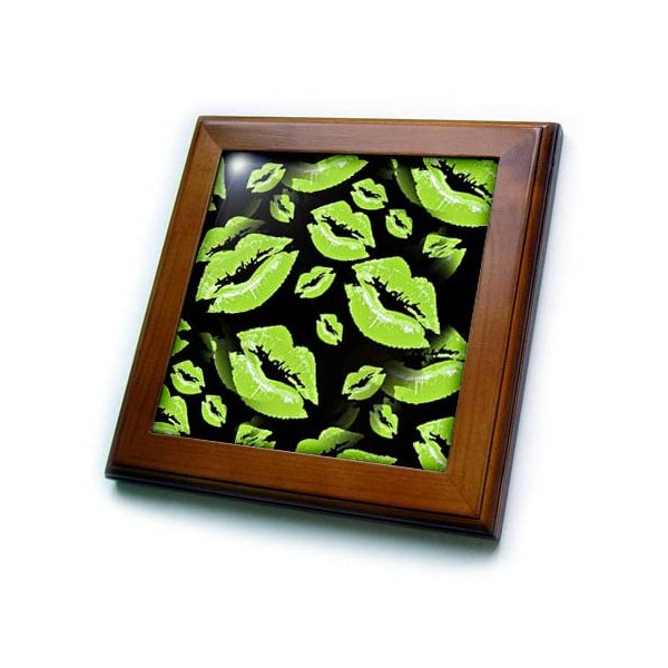 3dRose Two Kisses Collided Lip Smacking Lime Colored Lips Pattern - Framed Tiles (ft_357223_1)