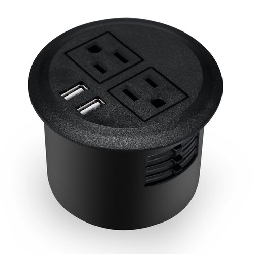 Kungfuking Desktop Power Grommet Power Outlet Socket Desk Data Center 2 Outlet with 2 USB Ports with 10 FT Extension Cord Black