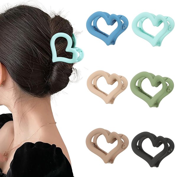 Ufgin 6 Pcs Heart-Shaped Matte Nonslip Hair Jaw Clips - Cute Styling Accessories for Women's Thin or Thick Hair (Multicolour 2)