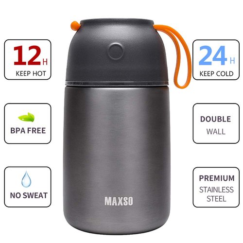 MAXSO 2 Pack Soup Thermo for Hot & Cold Food for Kids Adults, Vacuum Insulated Food Jar Thermal Lunch Containers, Travel Food Flask with Spoon (24oz,17oz) (Grey)
