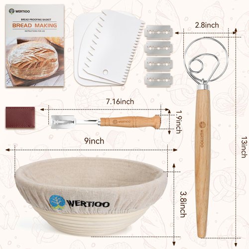 9 Inch Proofing Baskets, WERTIOO Banneton Proofing Basket Set of 2+ Bread Making + Bread Lame+ Danish Whisk+ Bowl Scraper+ Linen Liner Bread Baking Supplies, Gifts for Bakers