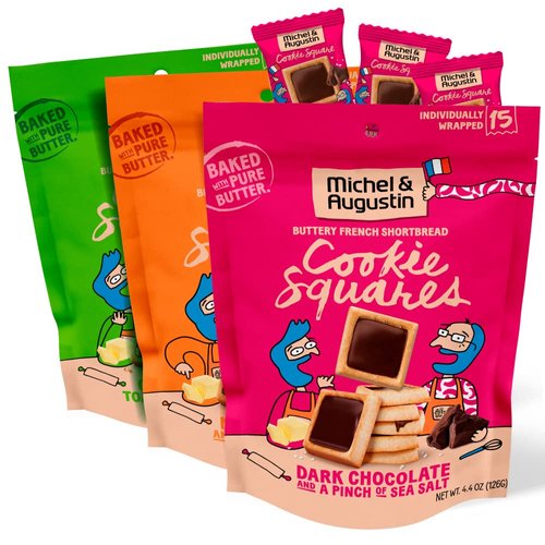Michel et Augustin Gourmet Chocolate Cookie Squares, Individually Wrapped European Cookies, 3-Bag Variety Pack, 15 French Shortbread Cookies per Bag