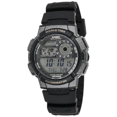 Casio AE1000W Series | Men’s Digital Watch | Black | 100M WR | Multi Alarms | 100 SEC Stopwatch | Countdown Timer | World Map for World Time | LED Light | LC Analog Display | 10 Year Battery
