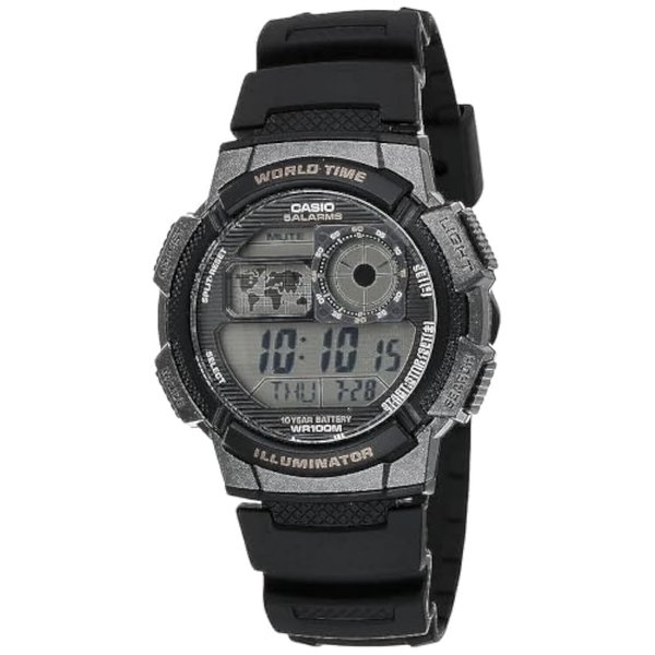 Casio AE1000W Series | Men’s Digital Watch | Black | 100M WR | Multi Alarms | 100 SEC Stopwatch | Countdown Timer | World Map for World Time | LED Light | LC Analog Display | 10 Year Battery