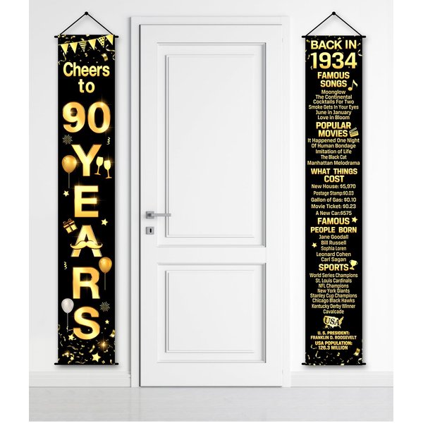2 Pieces 90th Birthday Party Decorations Cheers to Years Banner Party Decorations Welcome Porch Sign for Years Birthday Supplies (90th-1934)