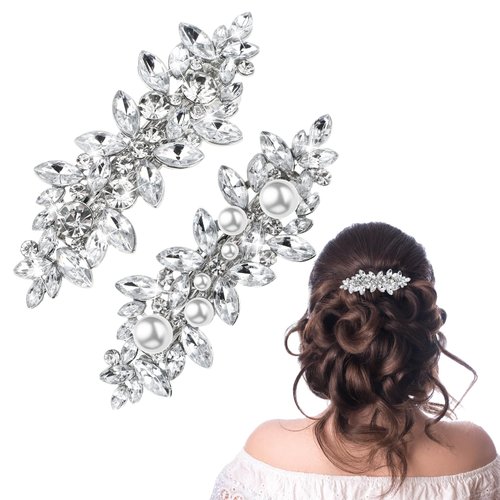Mabor Rhinestone Hair Clips Pearl French Hairpins Crystal Hair Clips Rhinestones Bridal Barrette Sliver Wedding Hairpins Hair Accessories for Women Girls Bridesmaid