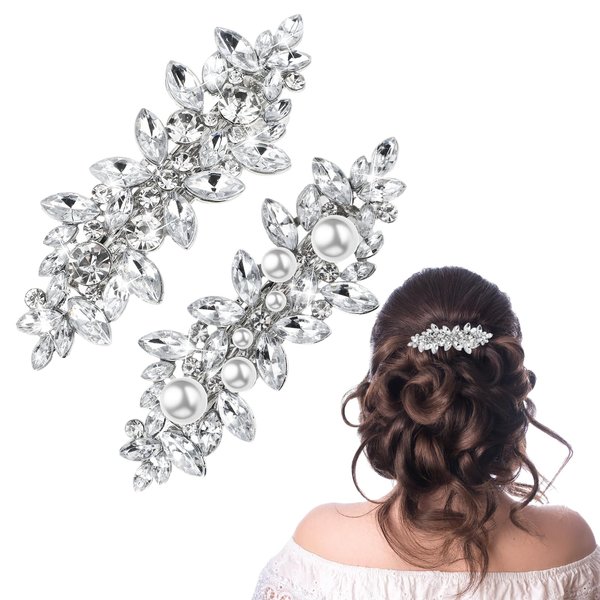 Mabor Rhinestone Hair Clips Pearl French Hairpins Crystal Hair Clips Rhinestones Bridal Barrette Sliver Wedding Hairpins Hair Accessories for Women Girls Bridesmaid
