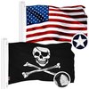 G128 Combo Pack: American USA Flag 16x24 In & Pirate Jolly Roger Bones Flag 16x24 In | Both ToughWeave Series Embroidered 300D Polyester, Embroidered Design, Indoor/Outdoor, Brass Grommets